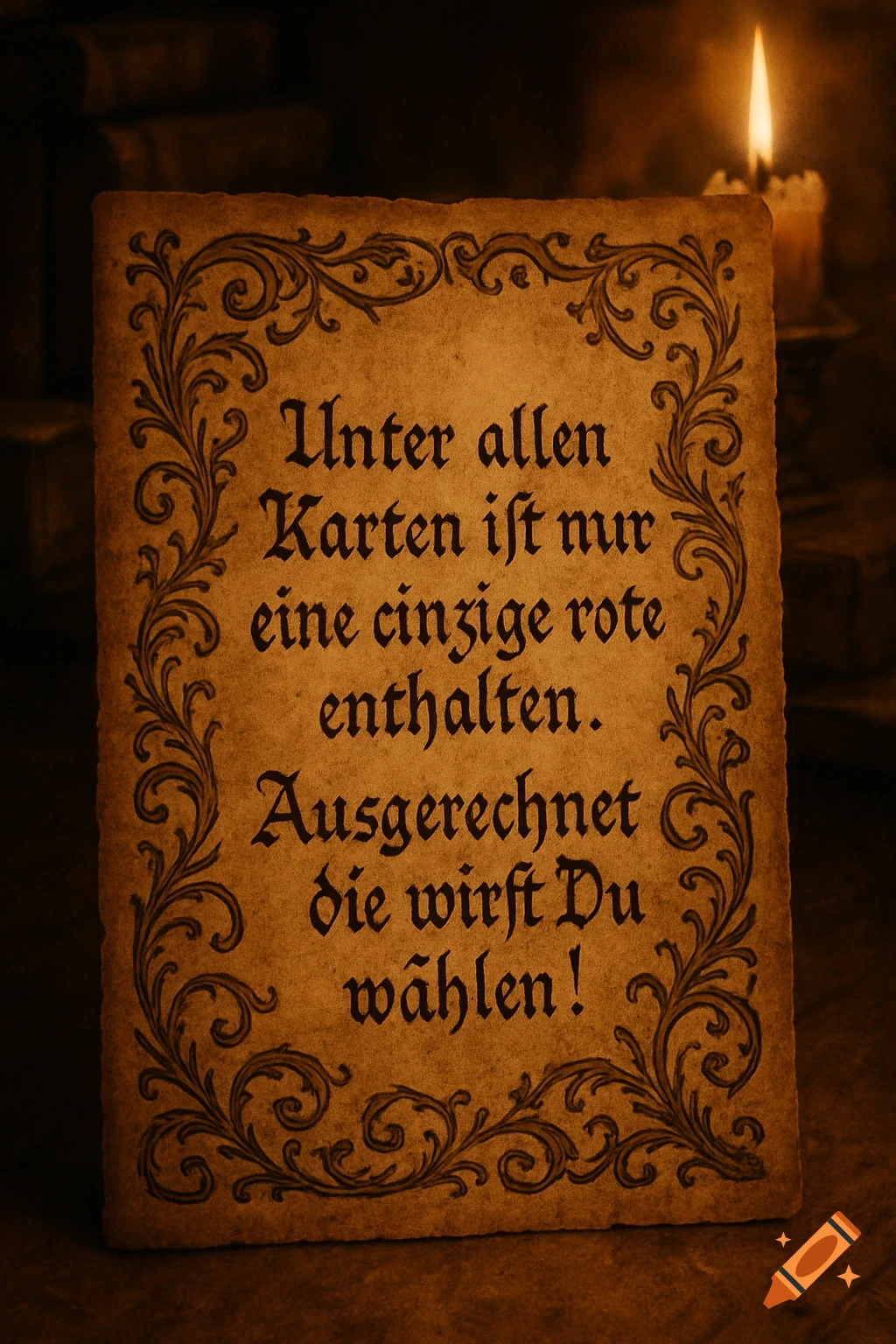 A vintage parchment document with ornate borders and dark German calligraphy, softly lit with a blurred candle in the background.