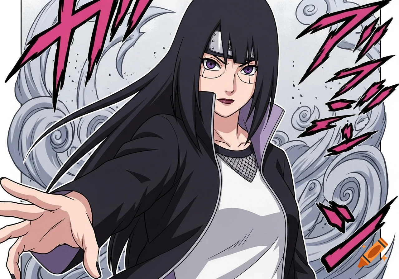 Anime female character with long black hair, purple eyes, black jacket, white t-shirt, and a headband, reaching forward in a manga style.