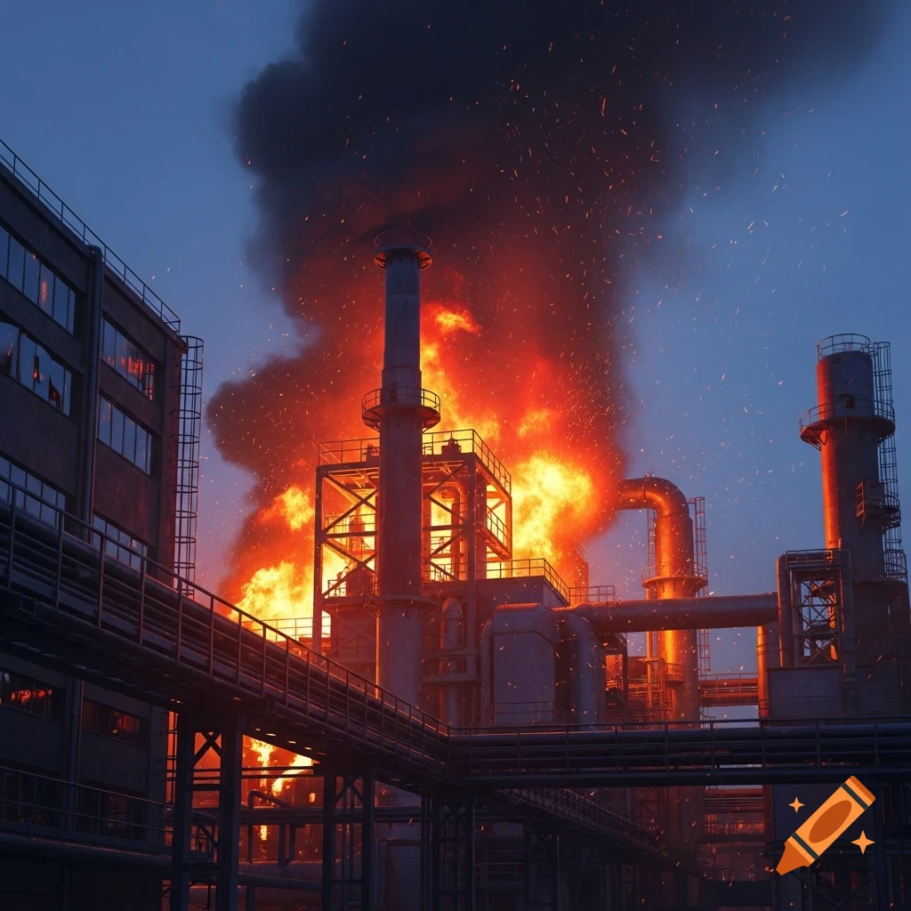 A photorealistic industrial factory on fire, with huge orange flames and dark smoke rising against a dusky sky.
