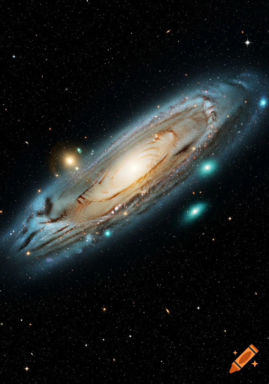 A vibrant spiral galaxy with a bright golden core and teal nebulae against a dark, star-filled cosmos.