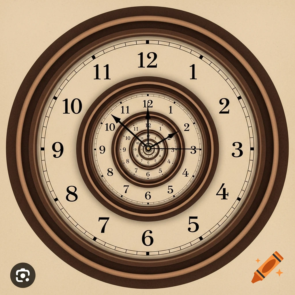 A brown and beige optical illusion of spiraling clock faces with black numbers and hands.