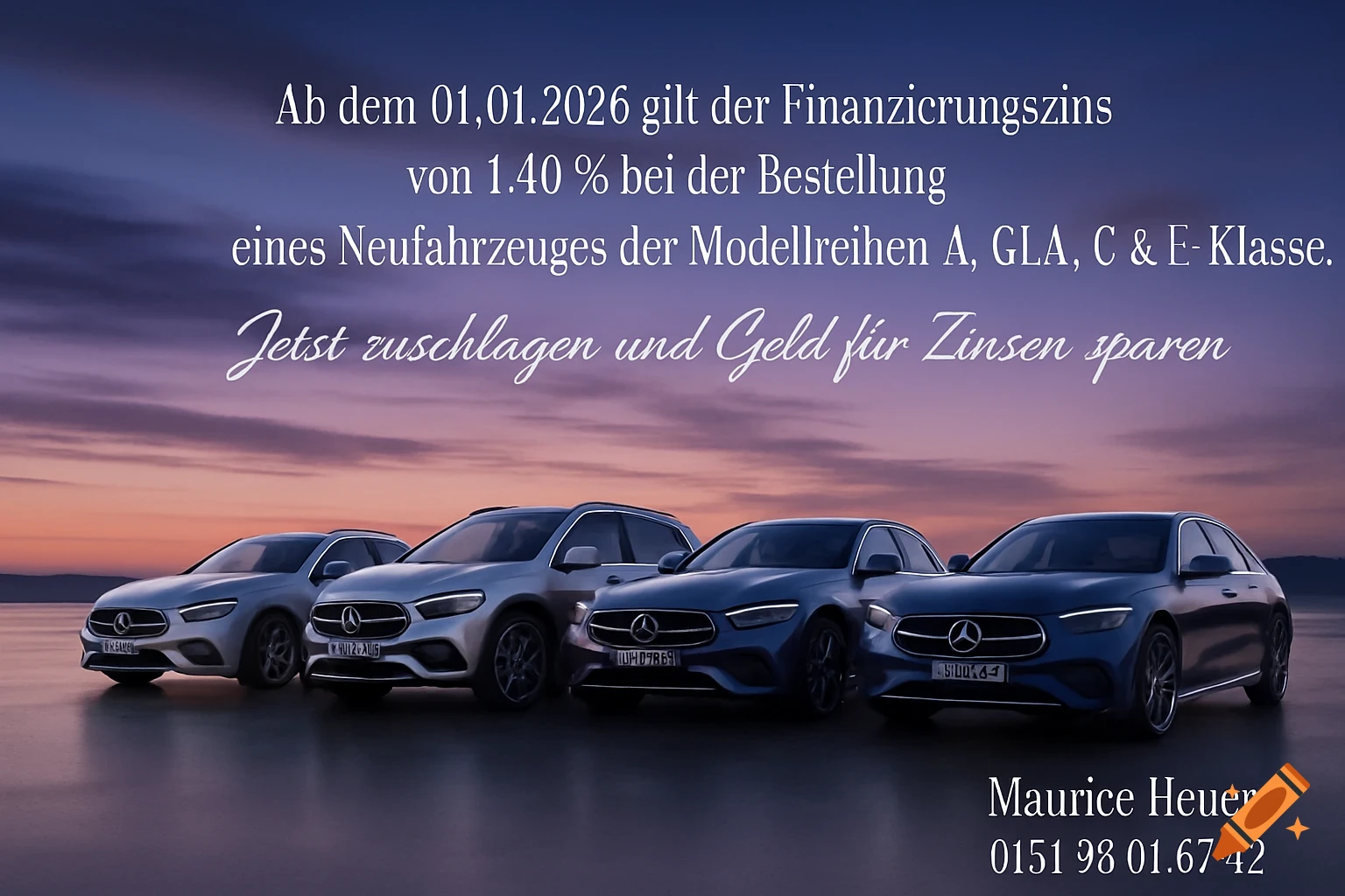 Four Mercedes-Benz cars (A, GLA, C, E-Class) lined up on a reflective surface under a sunset sky with promotional German text.