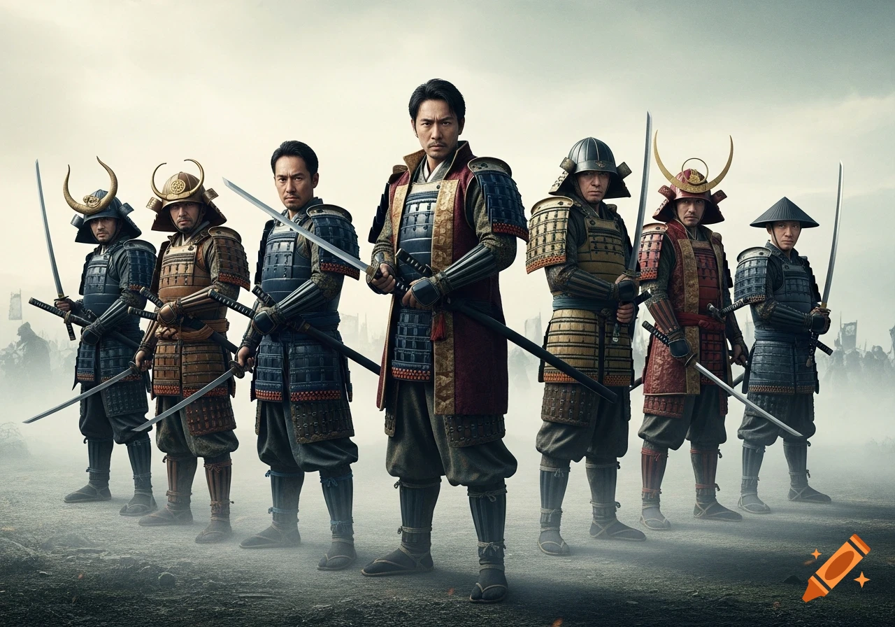 Seven Japanese samurai warriors in detailed armor hold katanas in heroic poses on a foggy battlefield, cinematic style.