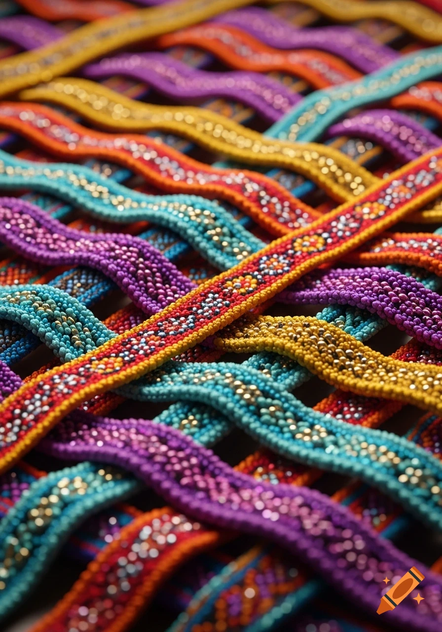 Close-up of numerous colorful, beaded strands or bracelets intricately woven together, creating a vibrant textured pattern.