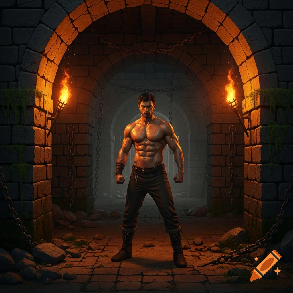 A shirtless, muscular man with clenched fists stands in a dark, torch-lit medieval dungeon with stone walls and chains.