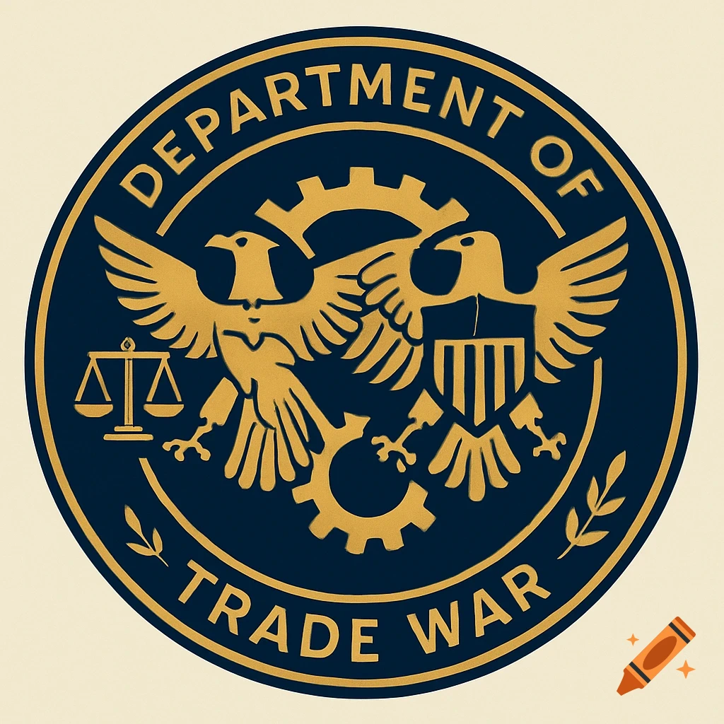 A circular, blue and gold seal logo featuring two eagles, gears, scales, and the text "DEPARTMENT OF TRADE WAR".