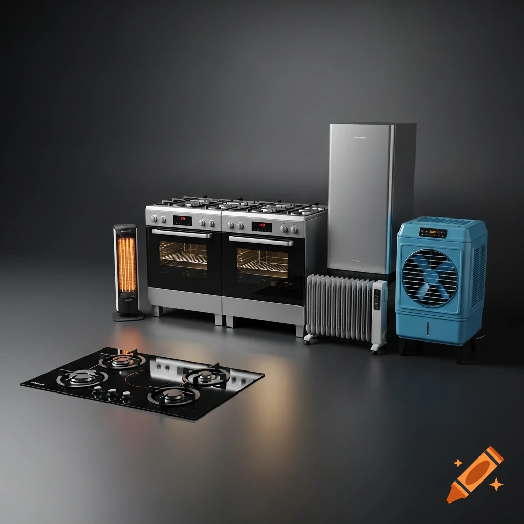 A minimalist studio shot of modern home appliances including two gas stoves with ovens, an induction hob, a refrigerator, an electric heater, an oil radiator, and a blue air cooler, against a dark background.