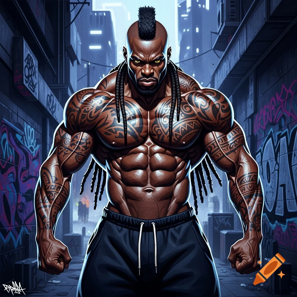 A heavily muscled, tattooed Black man with a mohawk and dreadlocks stands in an urban alley with graffiti, depicted in a stylized comic book art style.