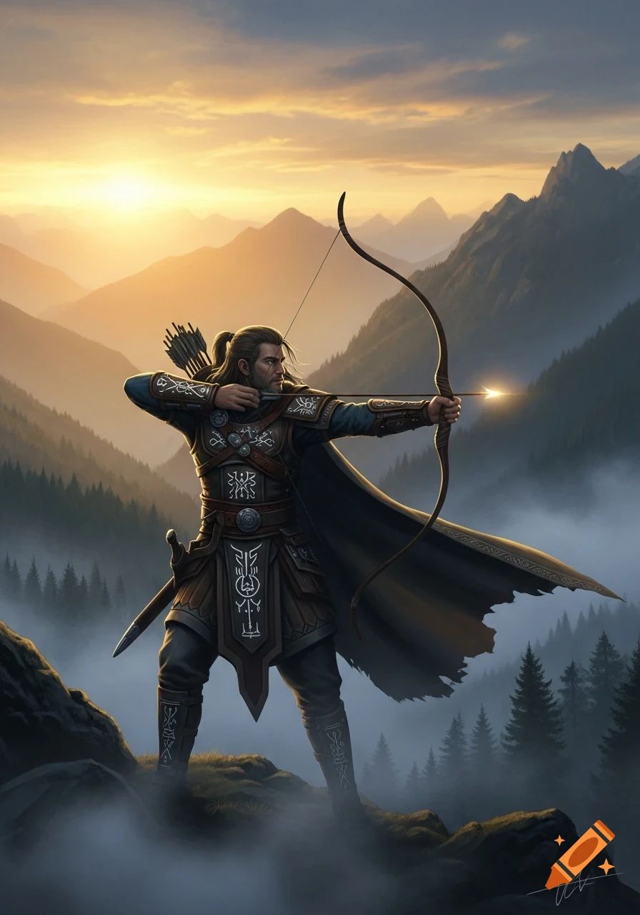 A male archer in fantasy armor aims a glowing arrow from a misty mountain peak at sunset, detailed digital art.