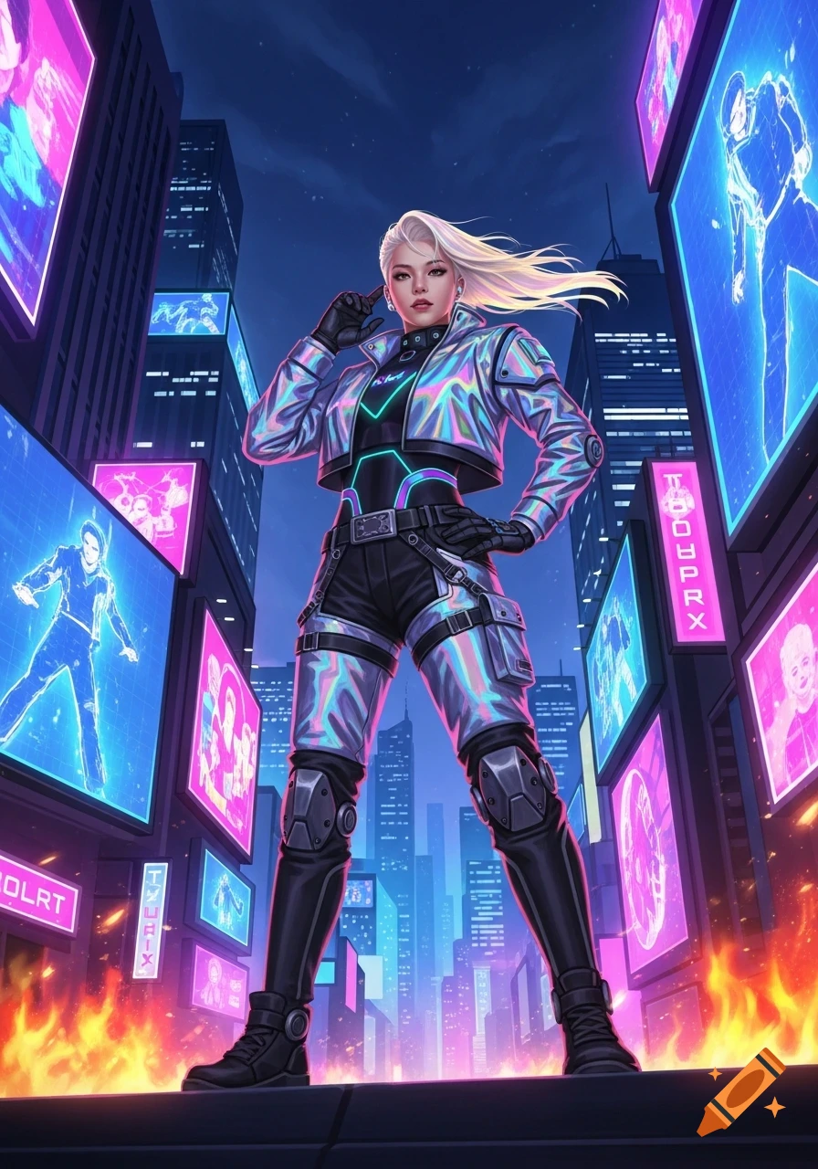 A blonde woman in an iridescent jacket and tactical gear stands in a futuristic city with glowing billboards.