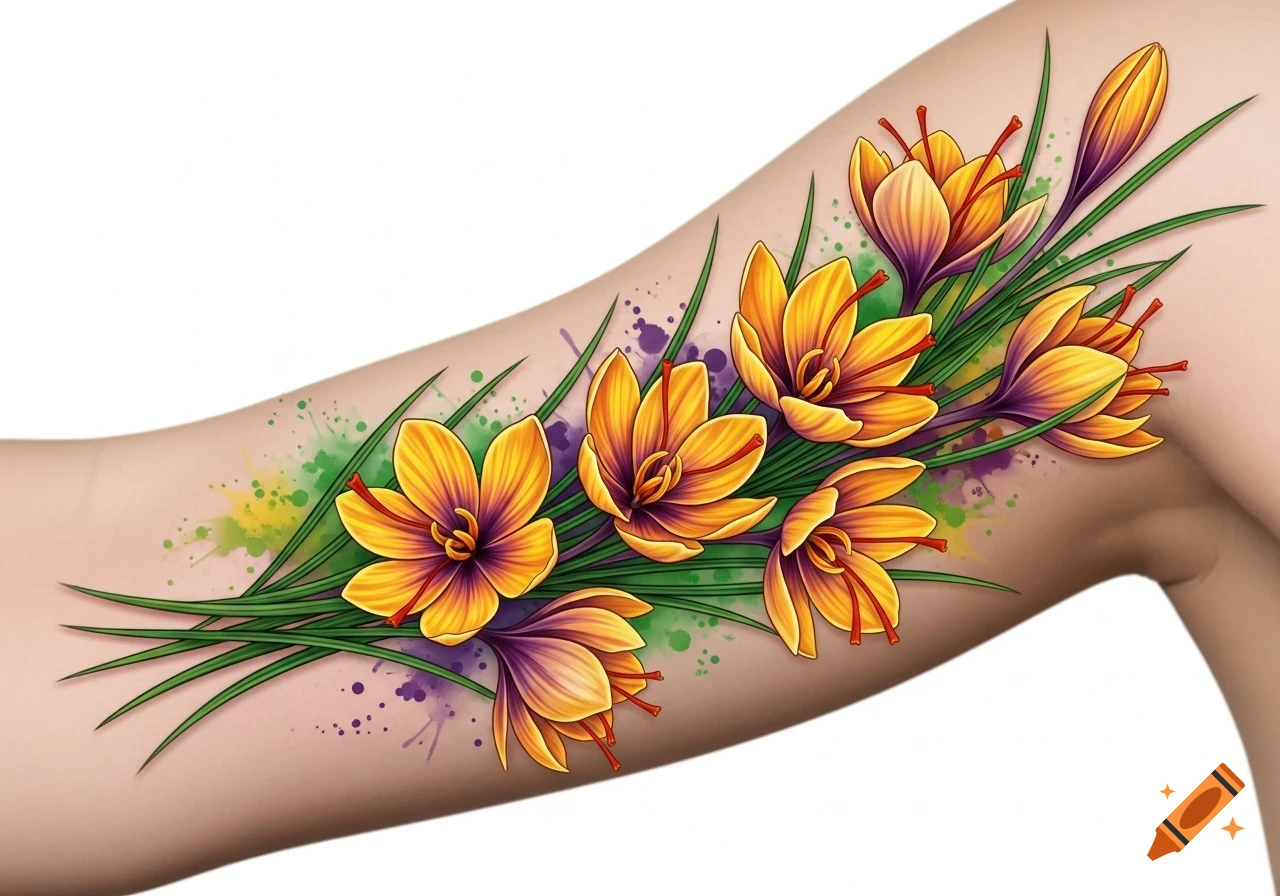 Vibrant yellow and purple saffron flower tattoo with green leaves and watercolor splashes on skin.