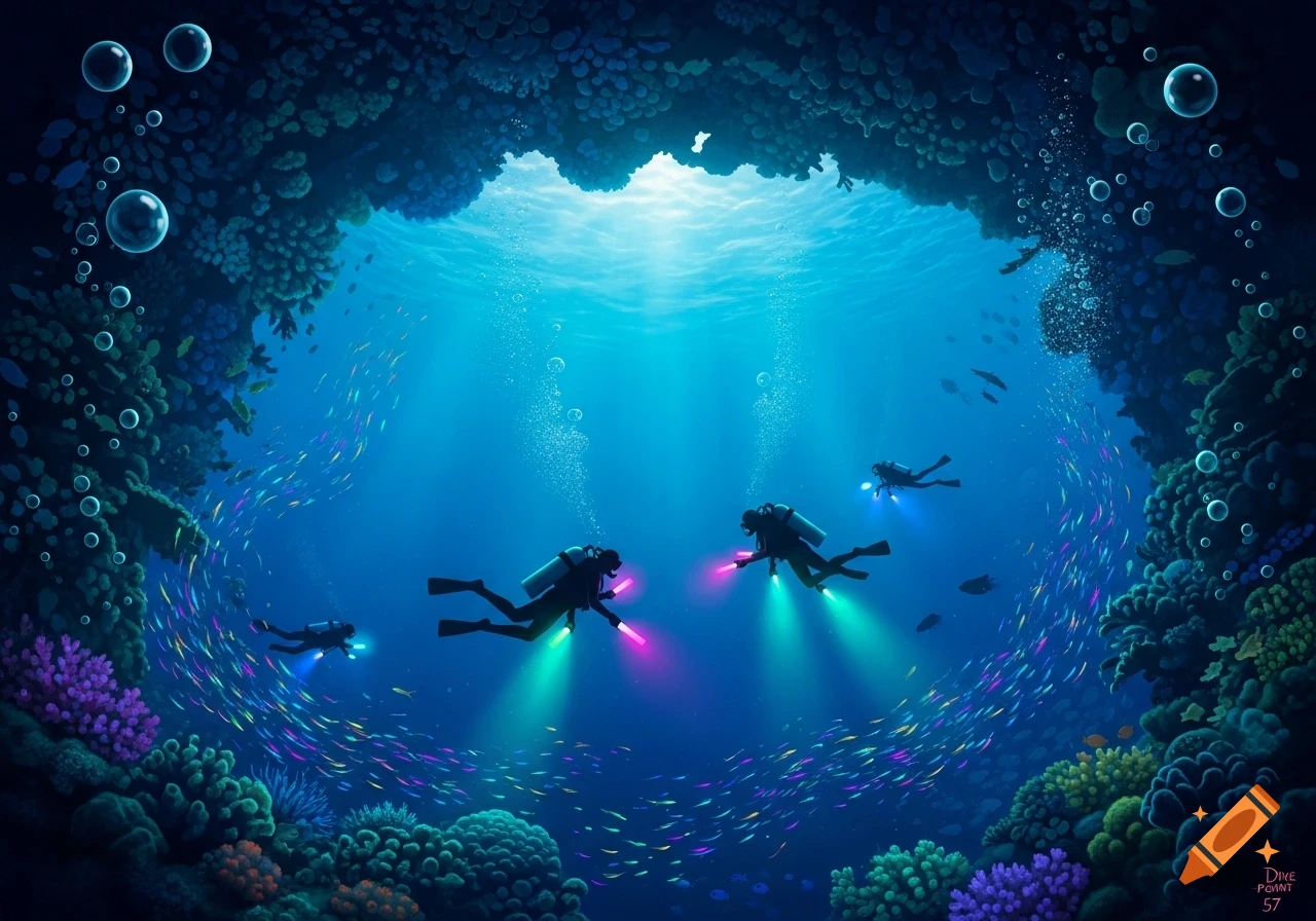 Four scuba divers with glowing lights explore a vibrant coral reef filled with schools of colorful fish in deep blue water.