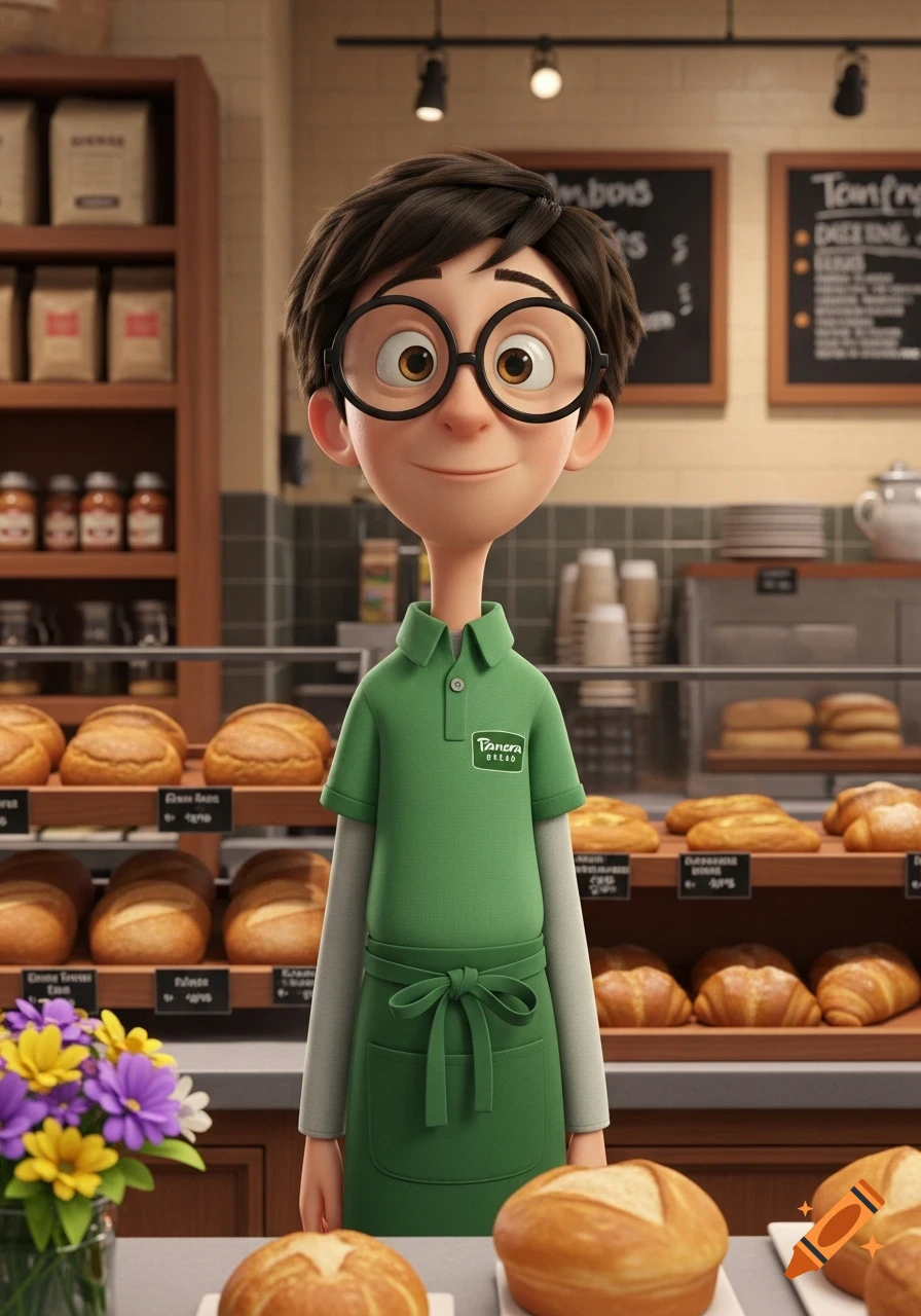 A smiling cartoon boy with glasses, resembling Goob from Meet the Robinsons, wears a green Panera Bread polo shirt and apron in a bakery setting with loaves of bread.