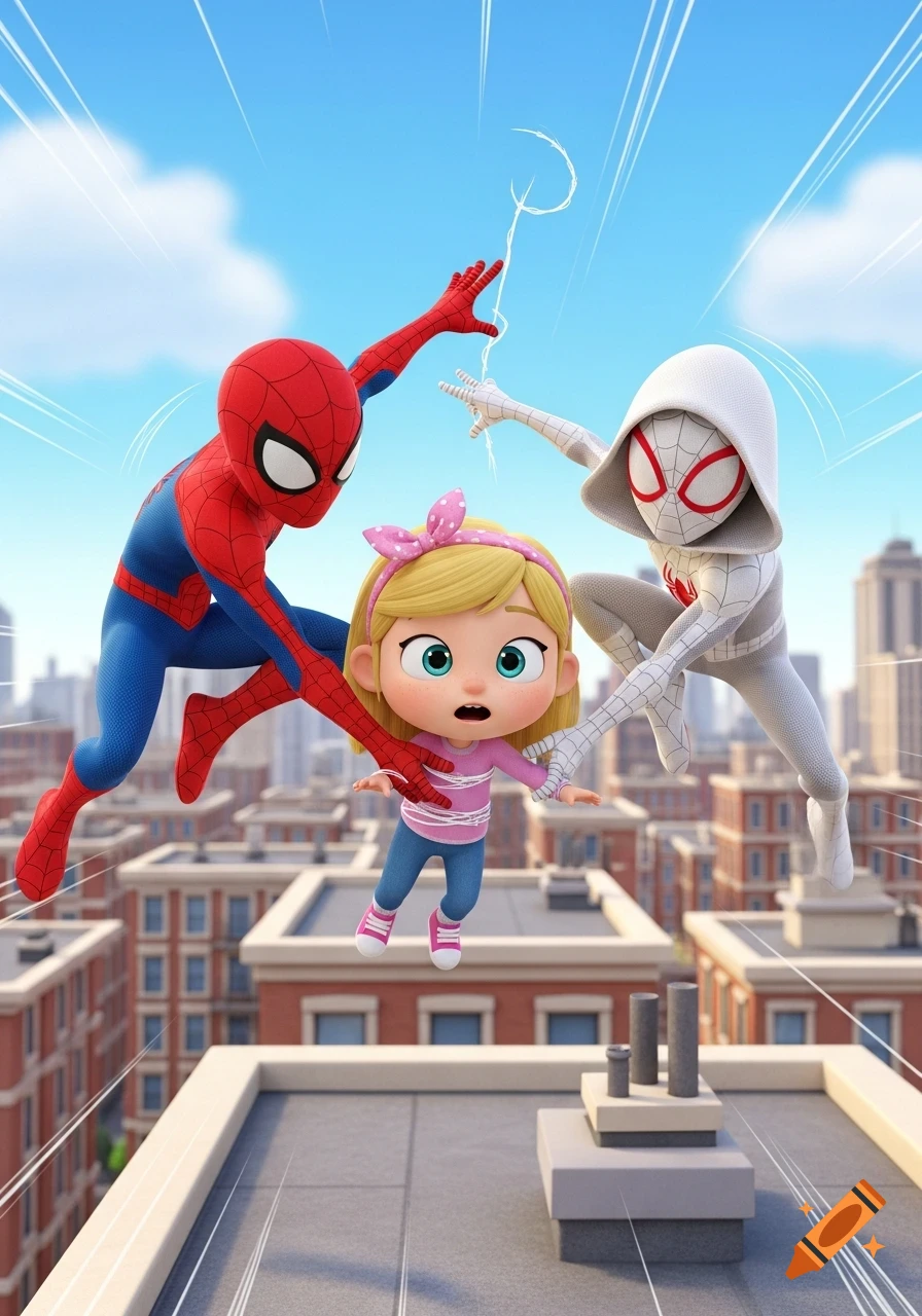 Child-friendly 3D cartoon of Spider-Man and Ghost-Spider saving a blonde girl with webs on a city rooftop.