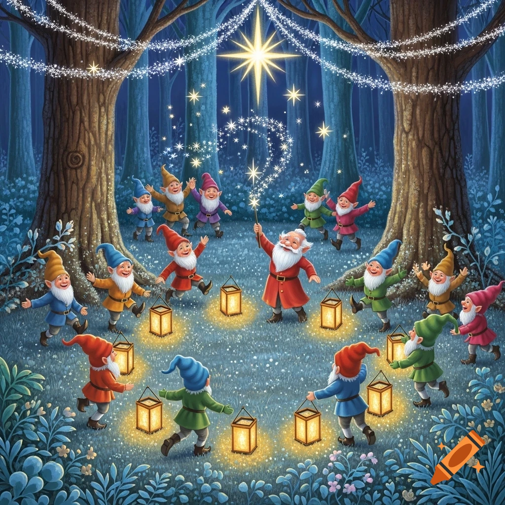 A group of cheerful gnomes celebrating in a magical forest at night, holding lanterns and surrounded by sparkling lights.