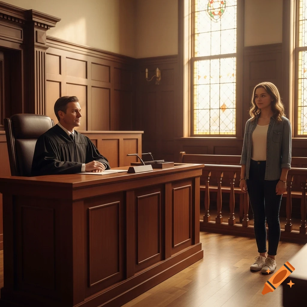 A judge sits behind a large wooden bench, looking right, while a young woman stands before him in a sunlit courtroom with stained-glass windows.