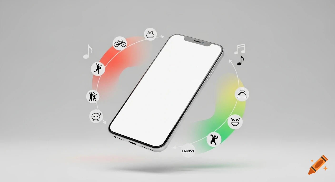 A floating smartphone with a blank white screen, surrounded by an orbit of activity icons like music notes, a bike, food, and emojis, set against soft coral, green, and yellow gradients.