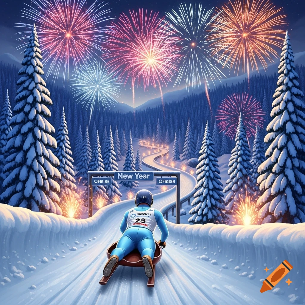 A luge rider in a light blue suit descends a snowy track through a winter forest under a sky filled with colorful fireworks, passing a "New Year" sign.