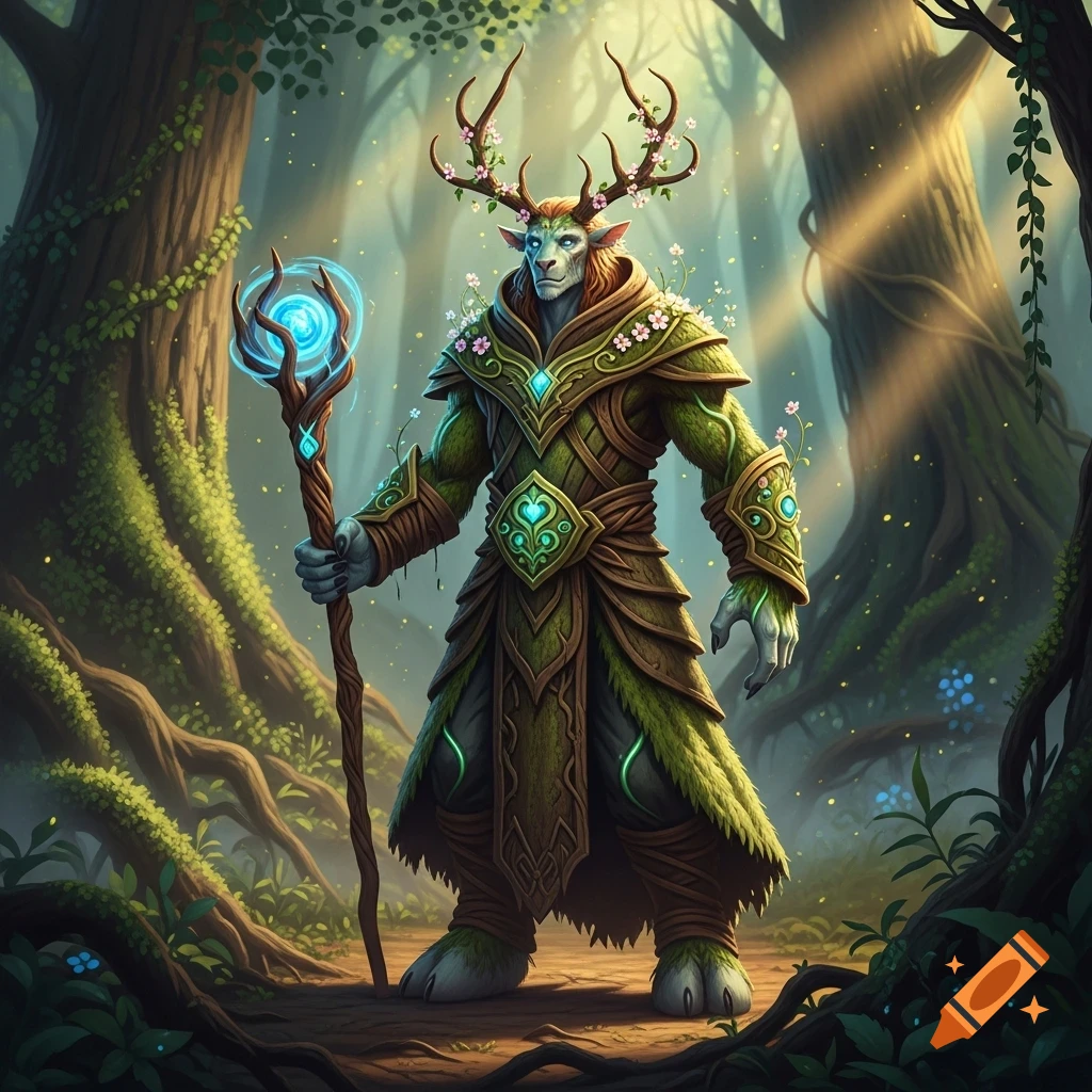 A male firbolg D&D druid with flower-adorned antlers, wearing green and brown leaf-like armor, holds a glowing staff in a magical forest.