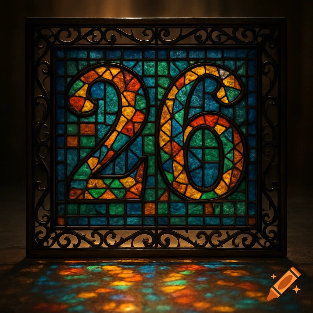 A close-up of a medieval-style stained glass panel depicting the number 26, set in an ornate leaded frame, casting colorful reflections.