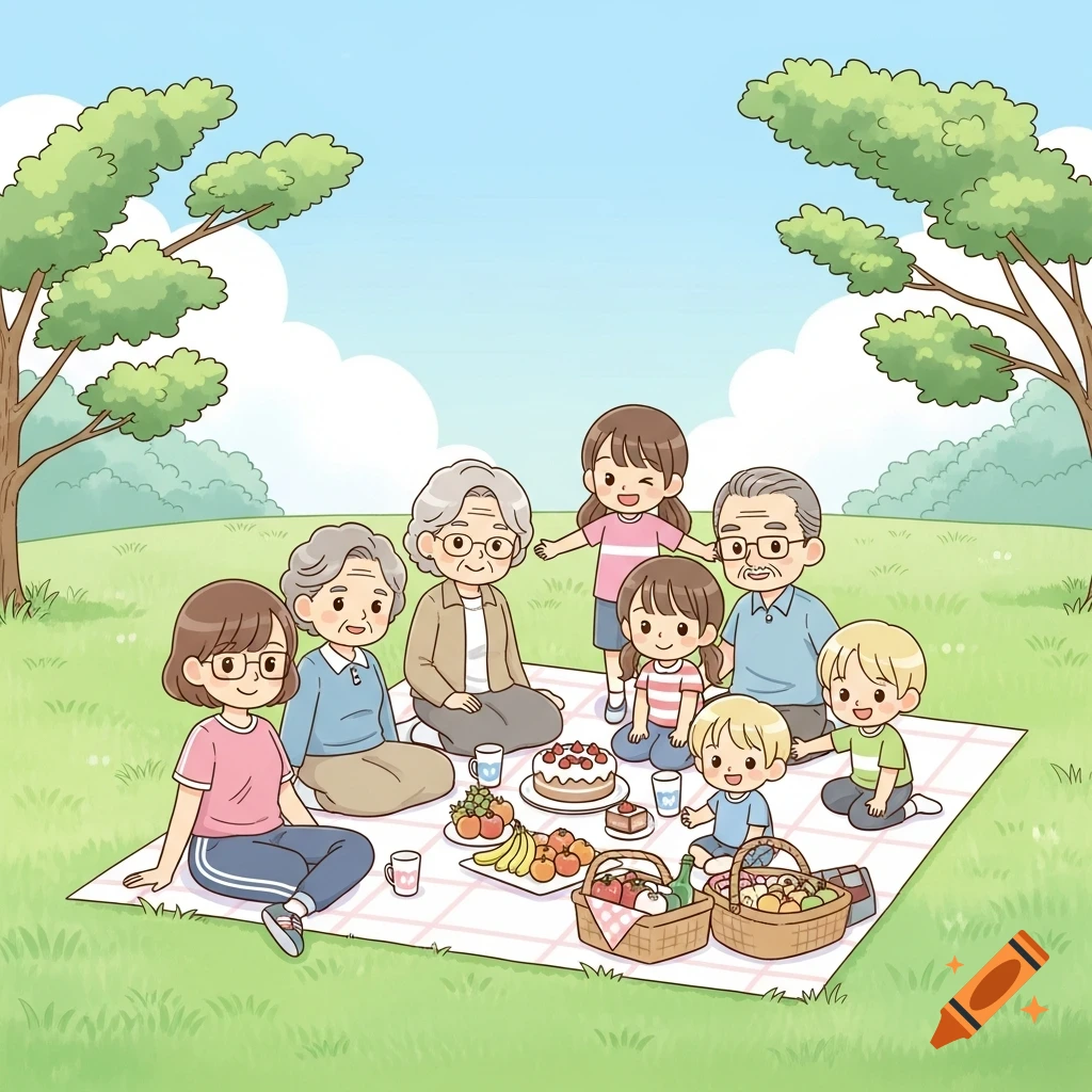A happy cartoon family, including grandparents, parents, and children, enjoys a picnic on a green meadow under a blue sky, with trees in the background.