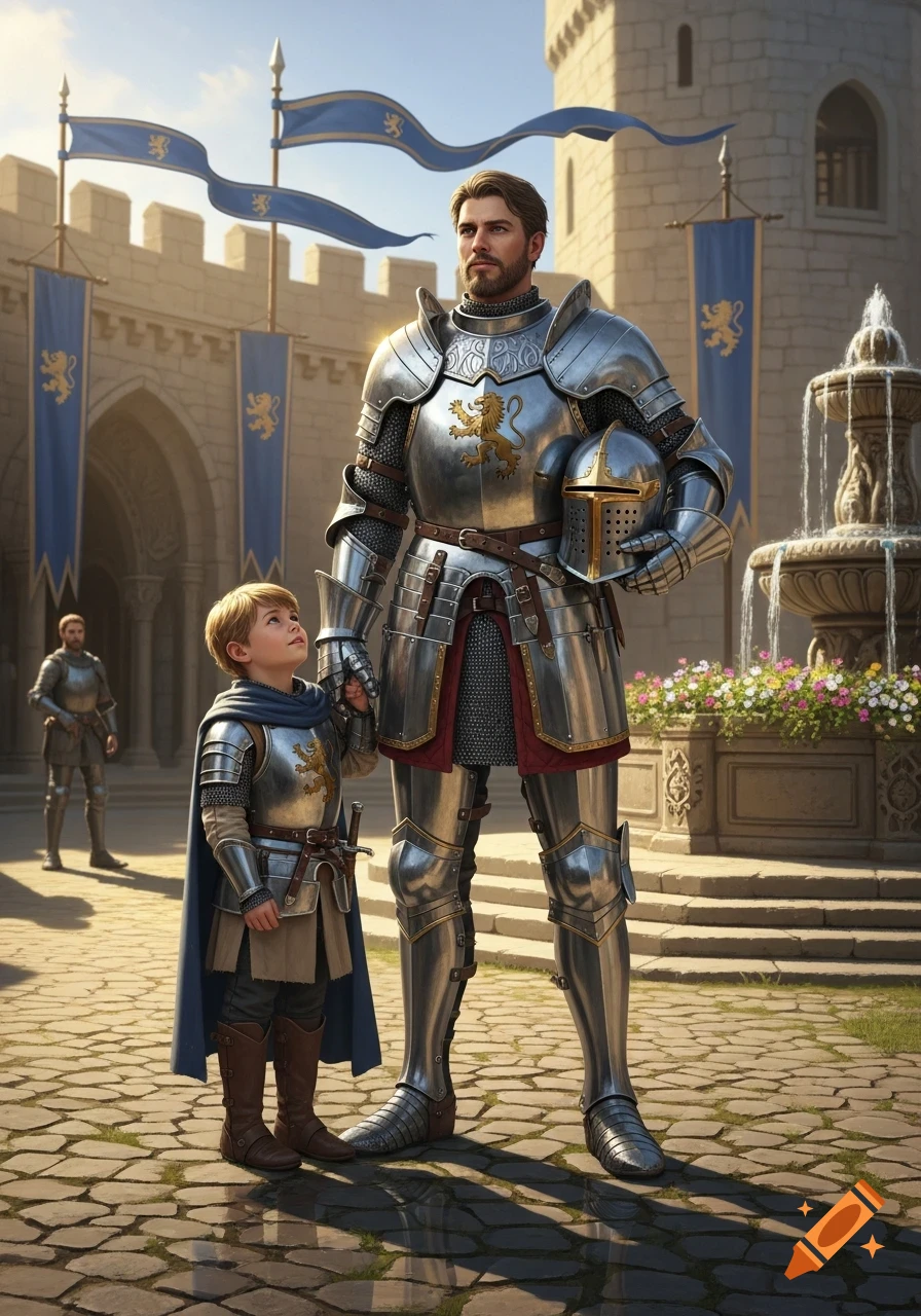 A bearded knight in shining armor stands with a small boy in a castle courtyard, holding his helmet. The boy looks up at him.