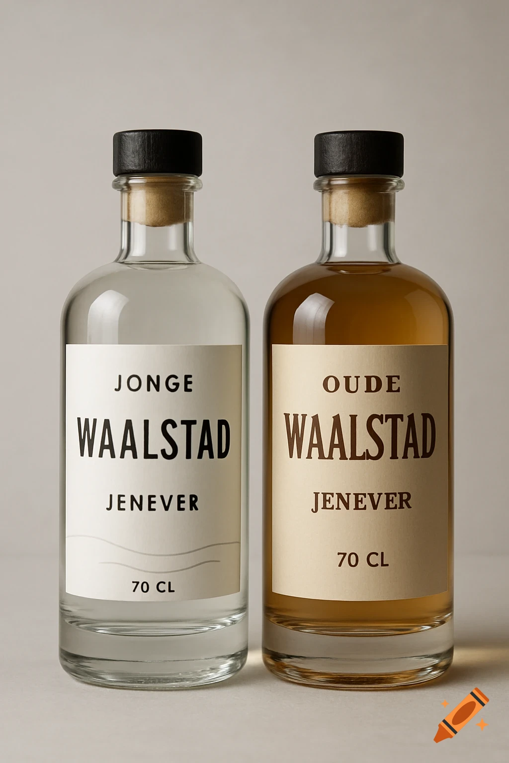 Two bottles of Jenever, one clear with a 'Jonge Waalstad' label, and one amber with an 'Oude Waalstad' label, on a light background.