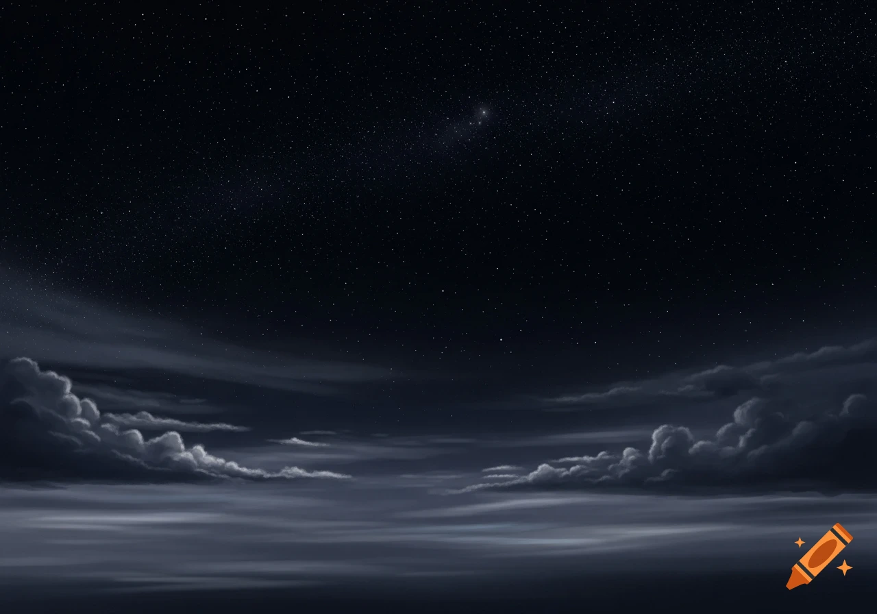 A dark night sky filled with stars, above layers of grey, foggy clouds.