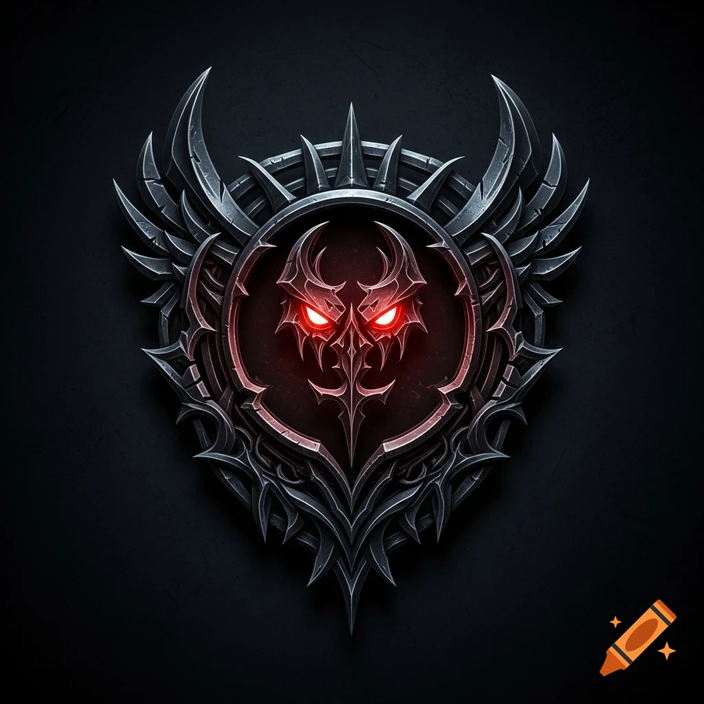 A dark, menacing metallic emblem with glowing red eyes in a gothic, industrial style on a black background.