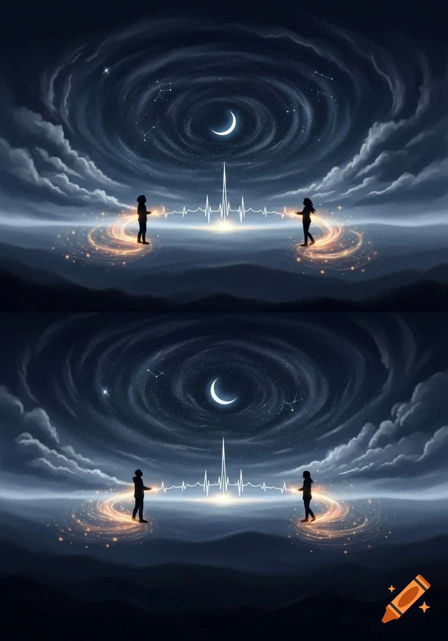 Stylized illustration of two figures connected by a glowing heartbeat line under a cosmic night sky with a crescent moon and swirling clouds.