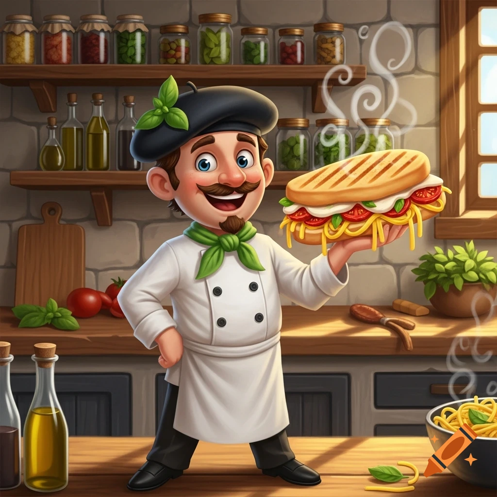 A cartoon chef with a mustache and beret holds a grilled panini sandwich filled with spaghetti, tomatoes, and cheese in a rustic kitchen.