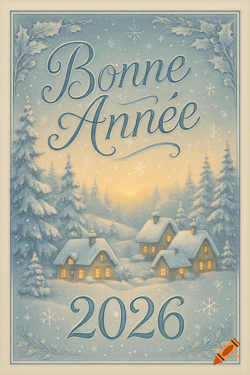 A cozy winter illustration shows snowy houses and pine trees under a blue and yellow sky, with 'Bonne Année 2026' text.