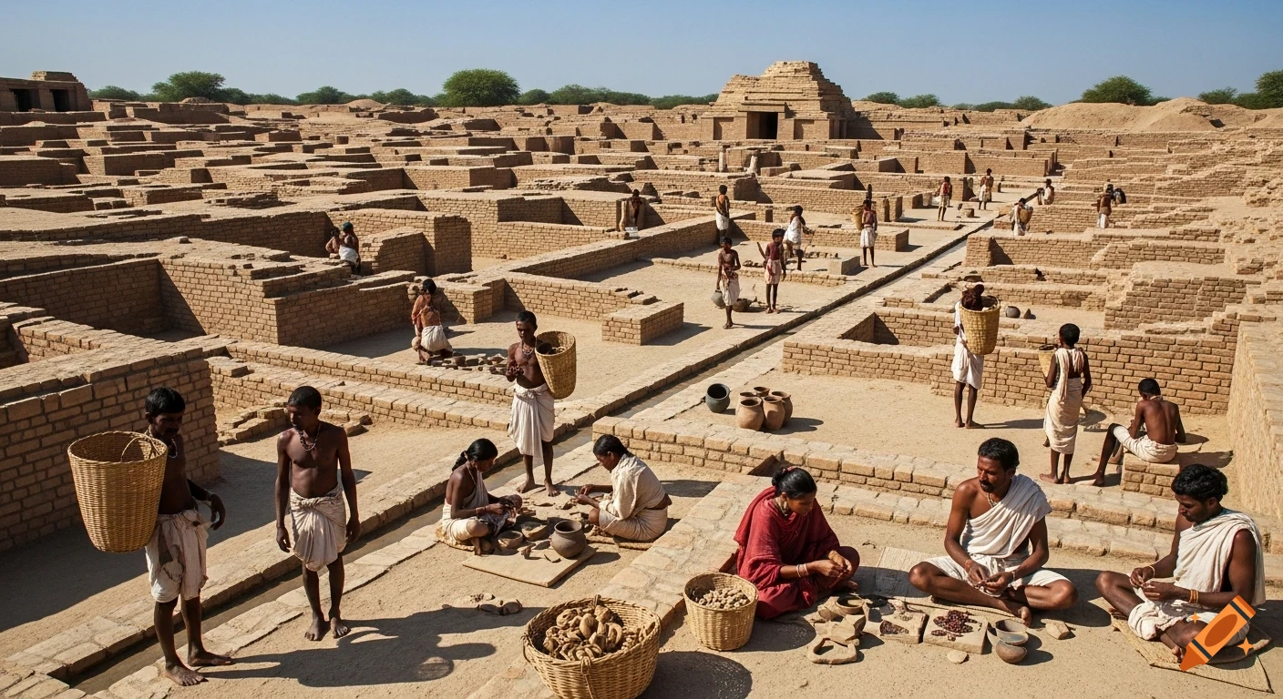 Photorealistic depiction of daily life in the ancient city of Mohenjo-daro, with people engaged in various activities among brick ruins.
