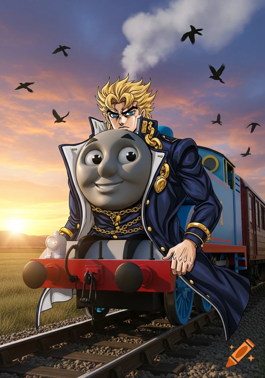A blonde anime character in a blue coat with chains emerges from Thomas the Tank Engine, on train tracks with a sunset background and flying birds.