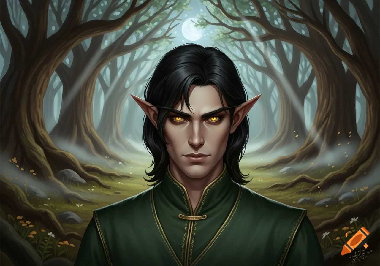 A handsome dark-haired elf with glowing gold eyes stares intently from a misty, enchanted forest.