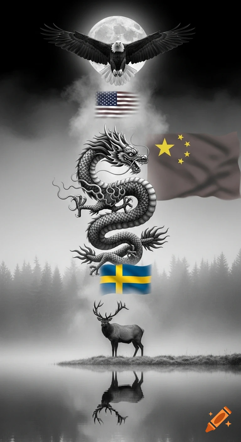 Artistic black and white composition featuring an eagle with a moon, US flag, Chinese dragon, China flag, Swedish flag, and an elk by a lake with reflections.