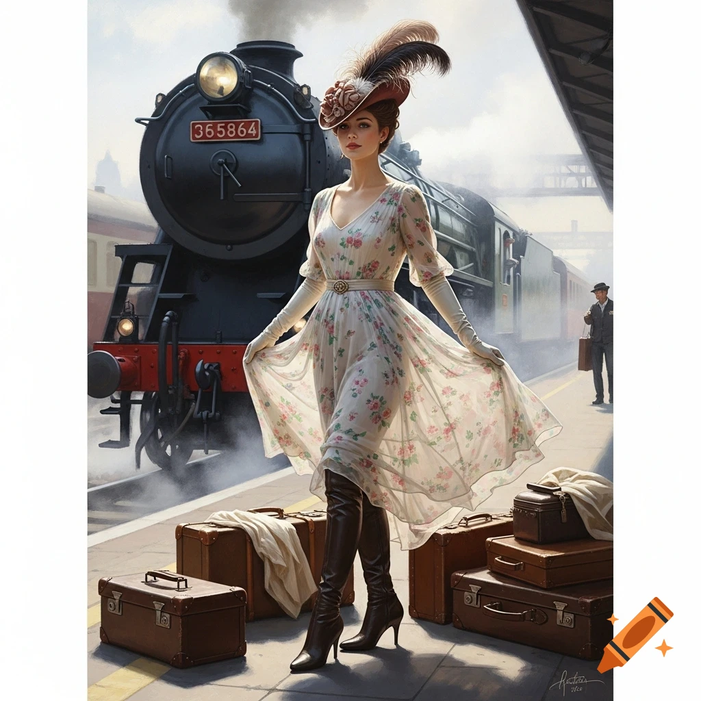 Victorian woman in a floral dress and feathered hat stands on a train platform with luggage and a steaming train.