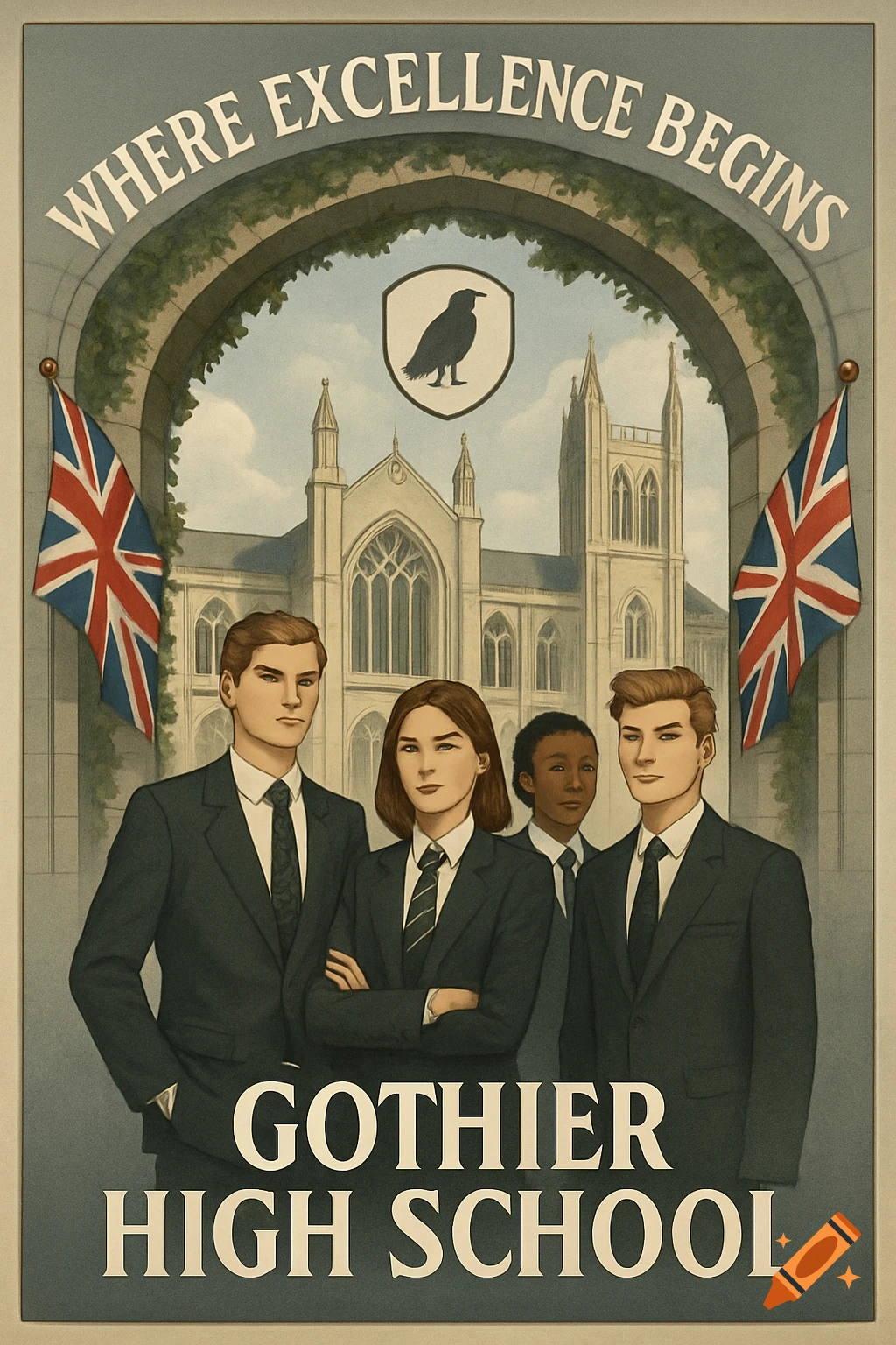 Illustrative school poster featuring four students in uniforms before a gothic building, Union Jack flags, and the text 'GOTHIER HIGH SCHOOL'.
