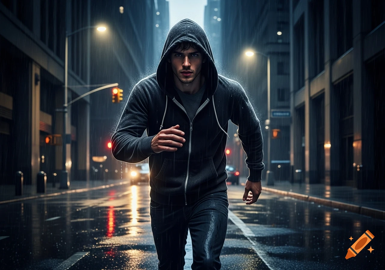 A young man in a dark hoodie runs on a wet city street at night in the rain, with streetlights and traffic lights glowing.