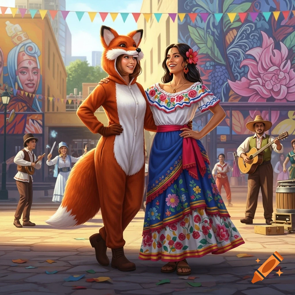 Two women, one in a fox costume and another in a vibrant traditional dress, stand in a festive street with murals and musicians.