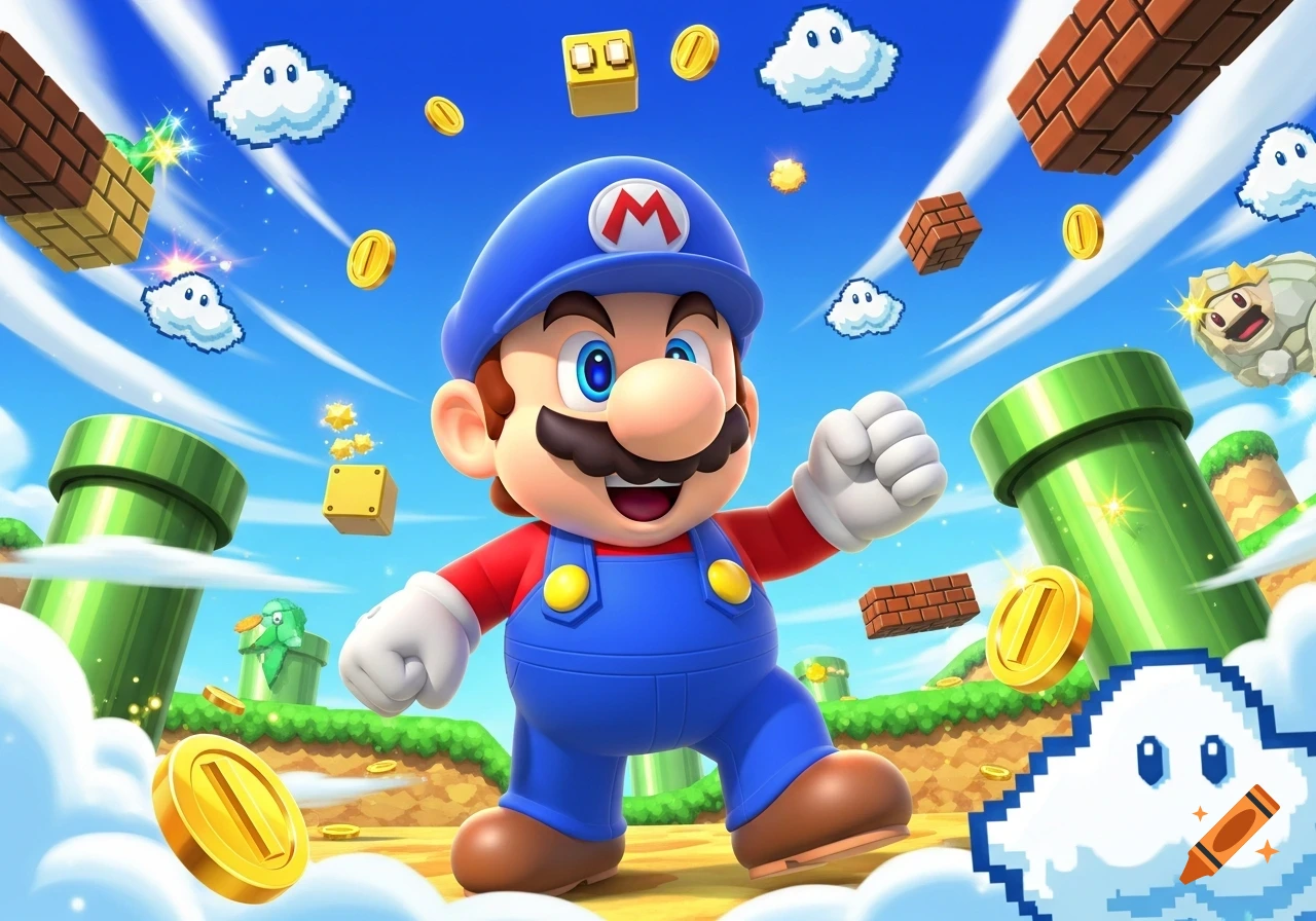 A vibrant illustration of Mario in a blue cap, jumping among coins, pipes, and blocks in a bright blue sky, Super Mario style.