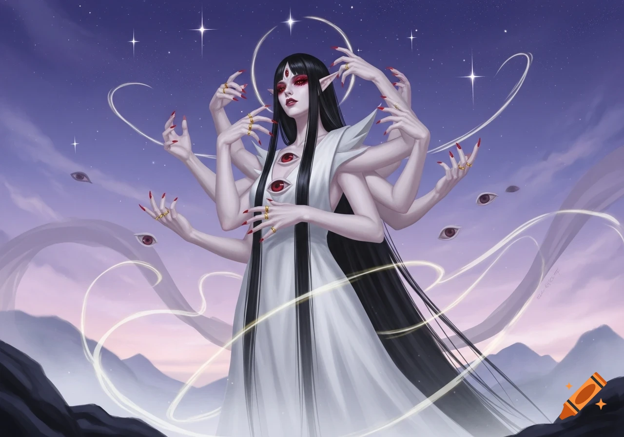 An alabaster-skinned woman with long black hair, multiple arms, and red eyes on her face and chest, stands under a starry sky with floating red eyes.