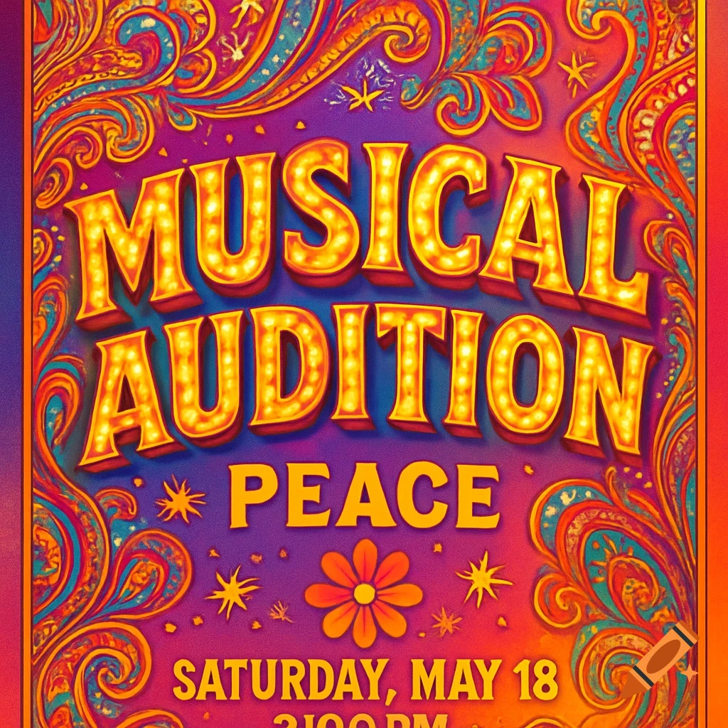 Vibrant, psychedelic 'Musical Audition Peace' flyer with marquee text, swirling colorful patterns, and event date.