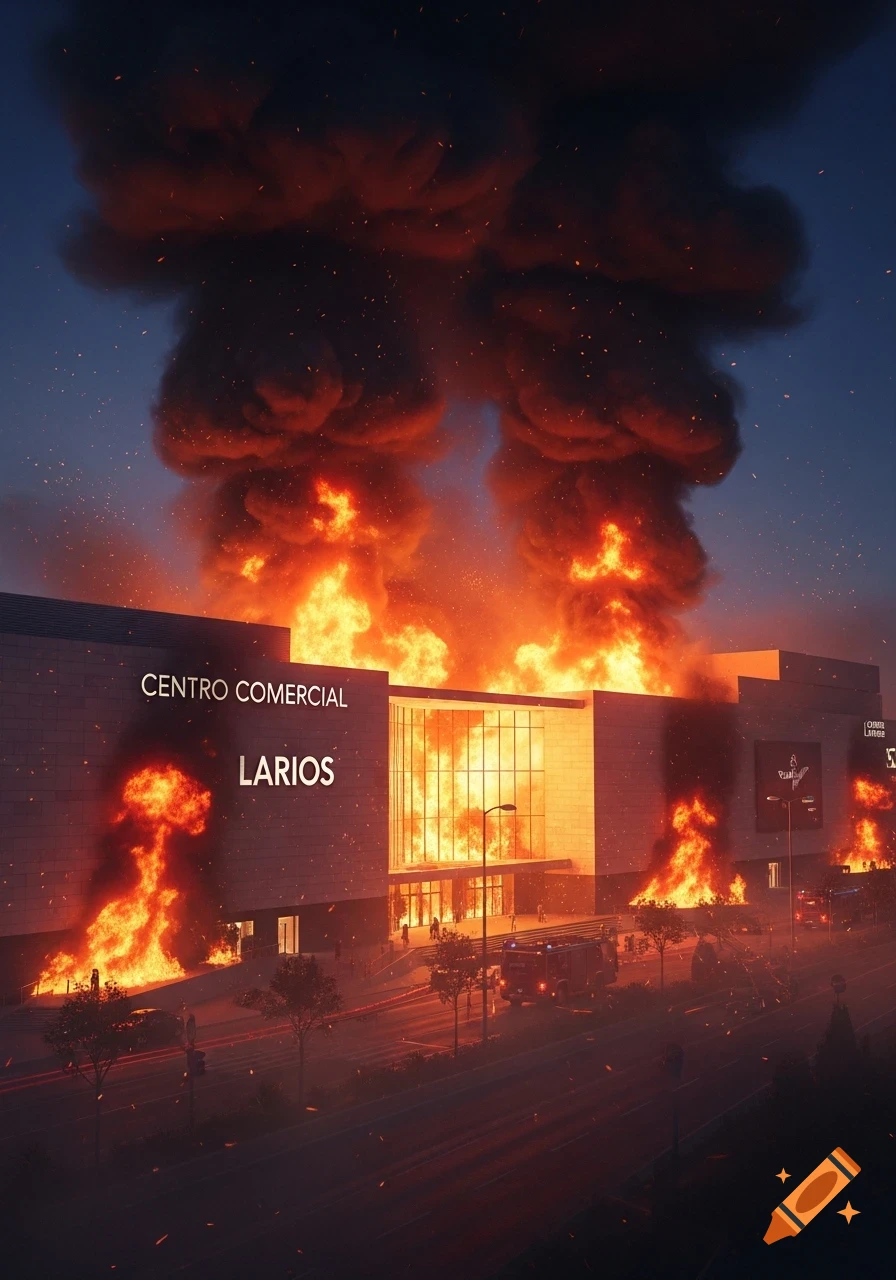 Photorealistic image of the Larios Commercial Center in Málaga engulfed in massive flames and smoke at dusk, with fire trucks nearby.