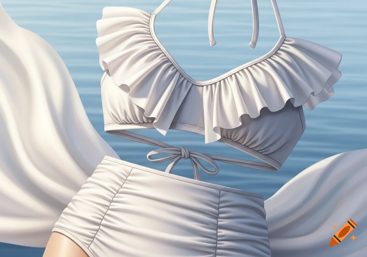 A white ruffled two-piece swimsuit, with a high-waisted bottom, floats against a serene blue water background with white flowing fabric.