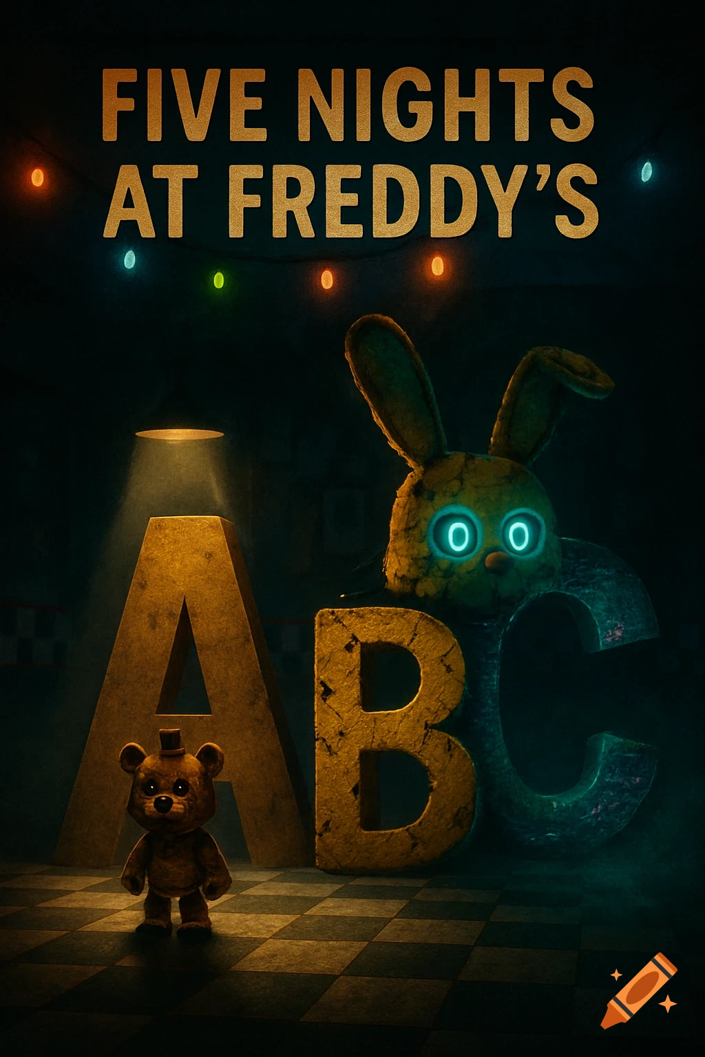 A dark poster featuring Freddy Fazbear and a glowing-eyed bunny character with large, textured 'A', 'B', 'C' letters and 'FIVE NIGHTS AT FREDDY'S' text.