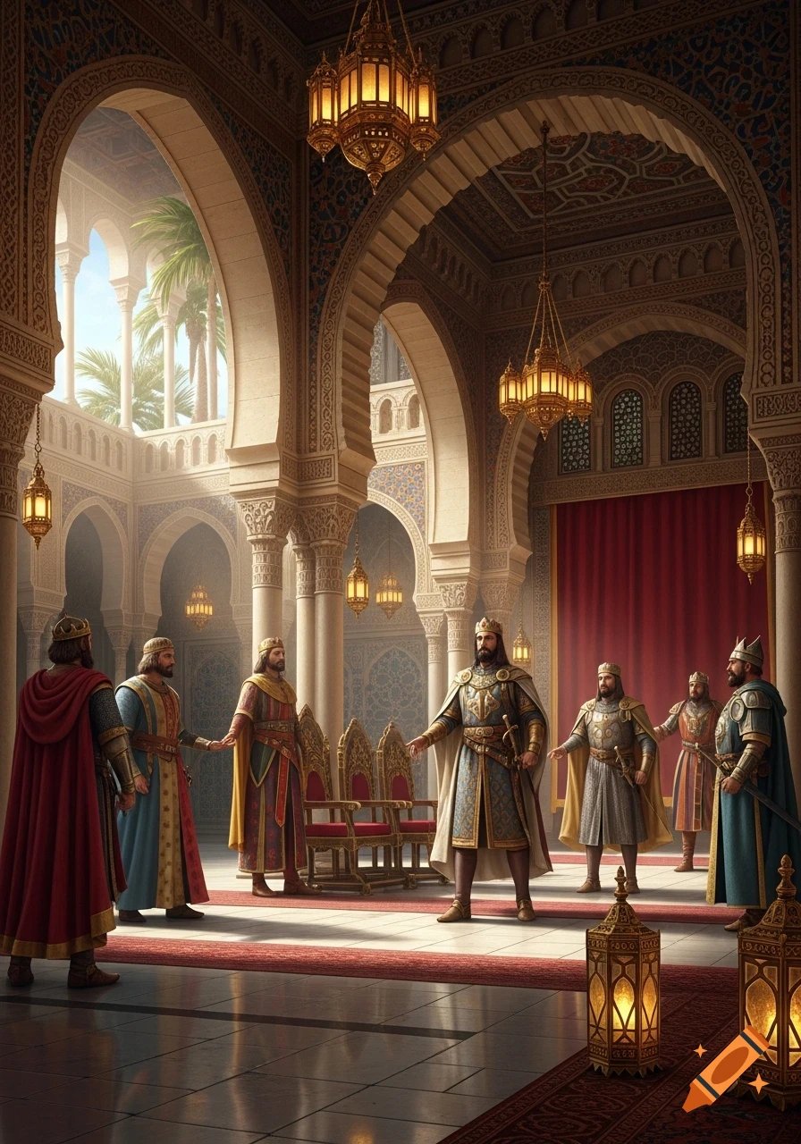 Kings in regal attire meet inside an ornate Arab-Muslim style palace with arches, lanterns, and palm trees visible outside.