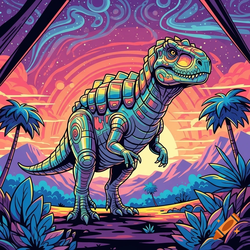 A vibrant, stylized dinosaur with geometric patterns stands in a colorful, psychedelic landscape at sunset.