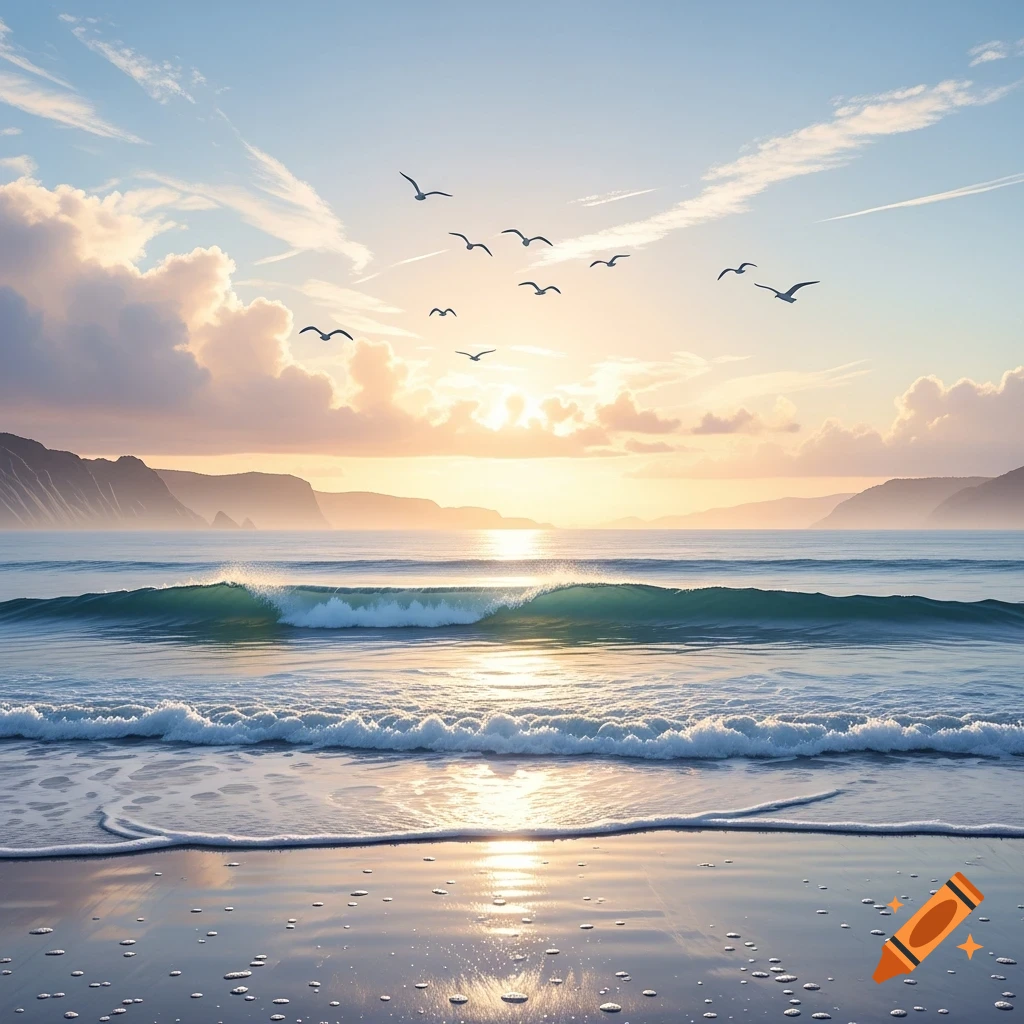 Photorealistic image of a serene ocean sunset with gentle waves on a ...