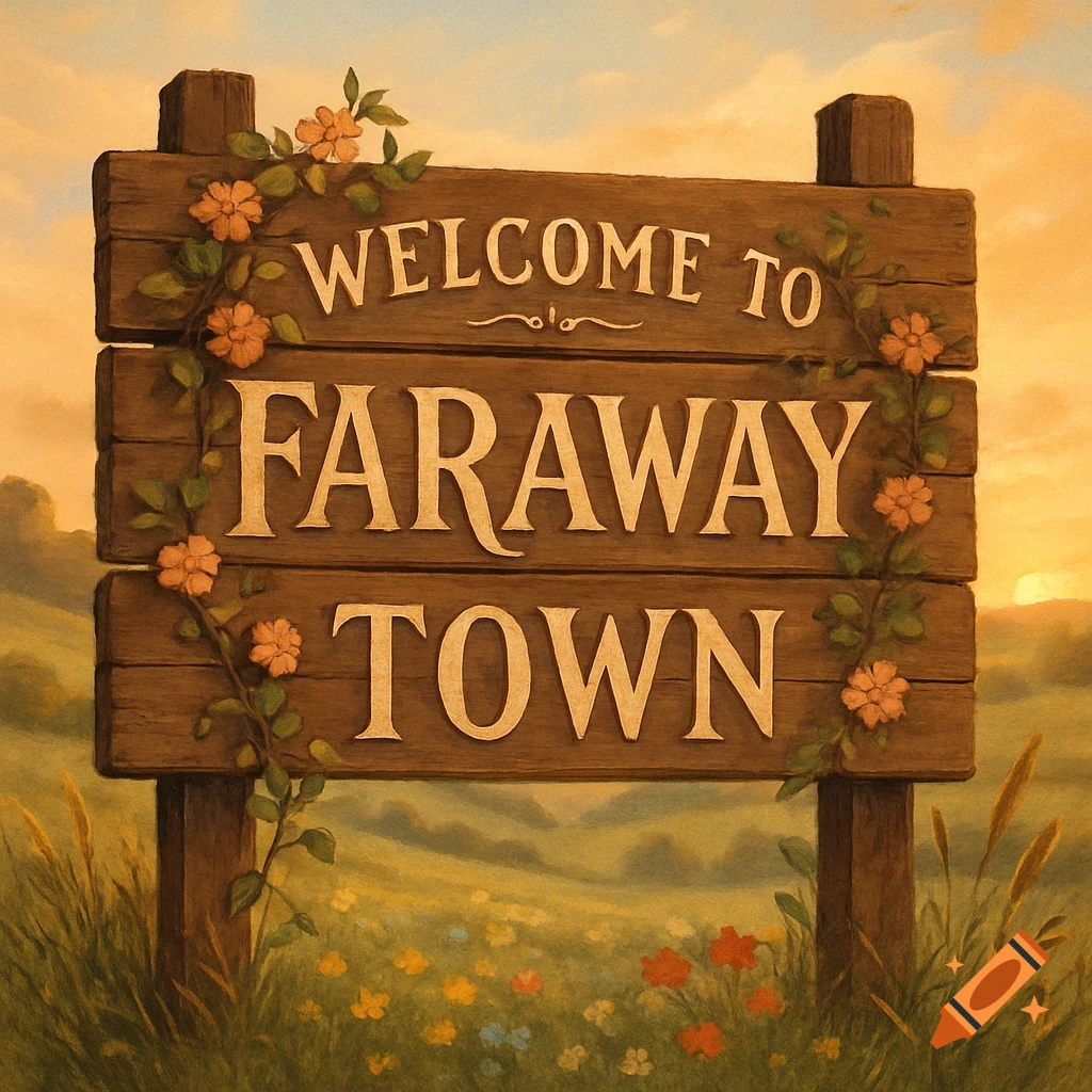 Rustic wooden 'Welcome to Faraway Town' sign with flowers, set in a scenic landscape at sunset.